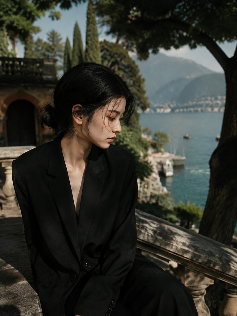 一位美丽的中国女性,留着黑色短发,独自坐在地中海别墅的露台旁,身着优雅的黑色定制西装外套,极简风格,神情安静而内敛,目光望向镜头之外。她坐在古…, 图片 2