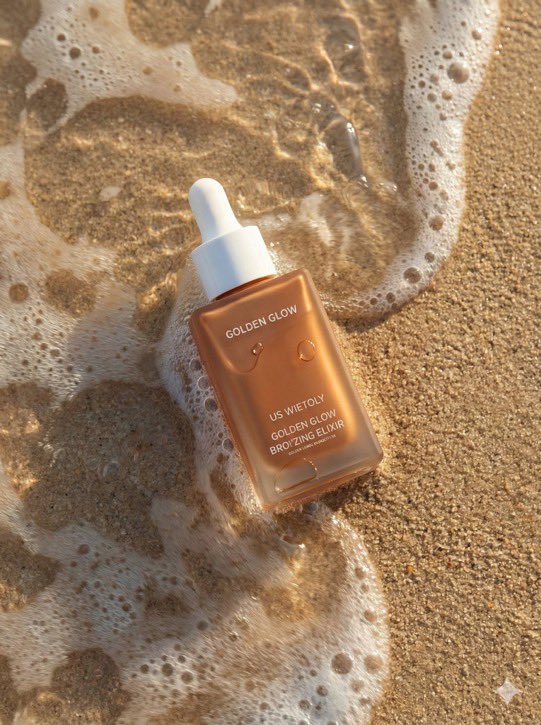 超写实夏日护肤品产品摄影:一款名为"Golden Glow - Bronzing Elixir"(金色光泽 - 古铜美颜精华)的美黑滴管瓶,矩…, 图片 1