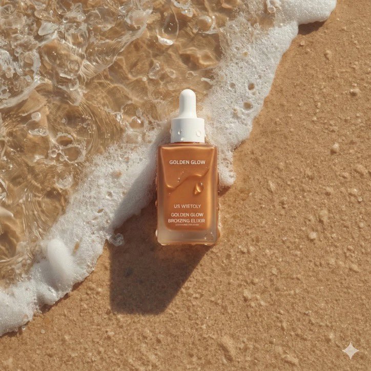 超写实夏日护肤品产品摄影:一款名为"Golden Glow - Bronzing Elixir"(金色光泽 - 古铜美颜精华)的美黑滴管瓶,矩…, 图片 2