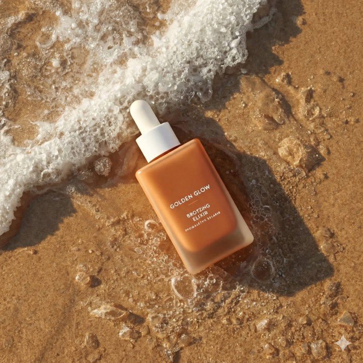 超写实夏日护肤品产品摄影:一款名为"Golden Glow - Bronzing Elixir"(金色光泽 - 古铜美颜精华)的美黑滴管瓶,矩…, 图片 3