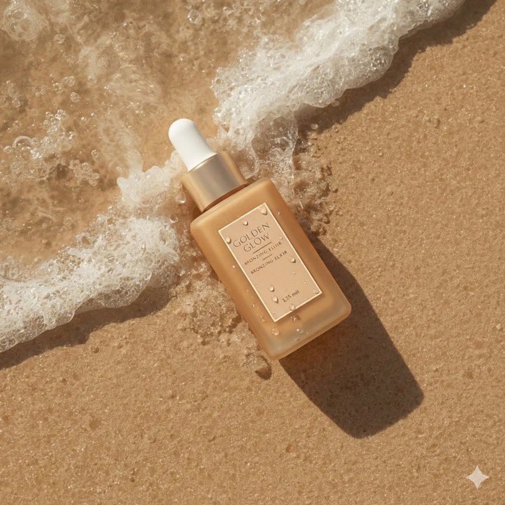 超写实夏日护肤品产品摄影:一款名为"Golden Glow - Bronzing Elixir"(金色光泽 - 古铜美颜精华)的美黑滴管瓶,矩…, 图片 4