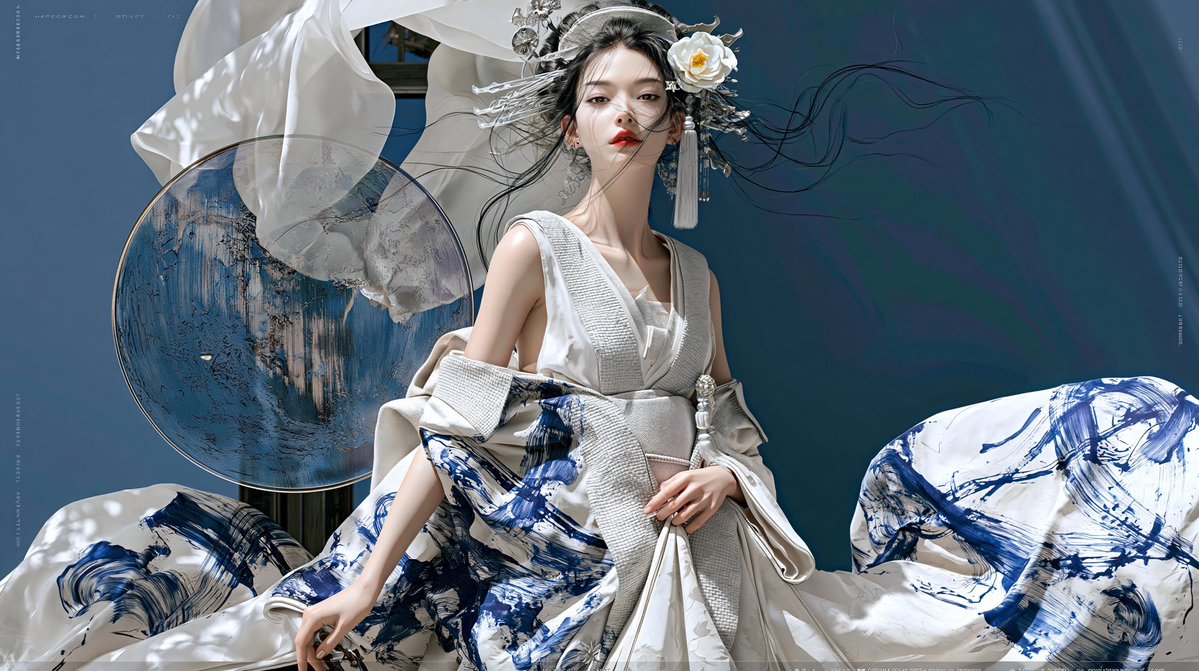 当代东方时尚摄影的杰作,超写实8K RAW摄影,电影级奢华编辑风格,高端中国高级定制美学,灵感源自传统水墨画与青花瓷艺术。, 图片 1