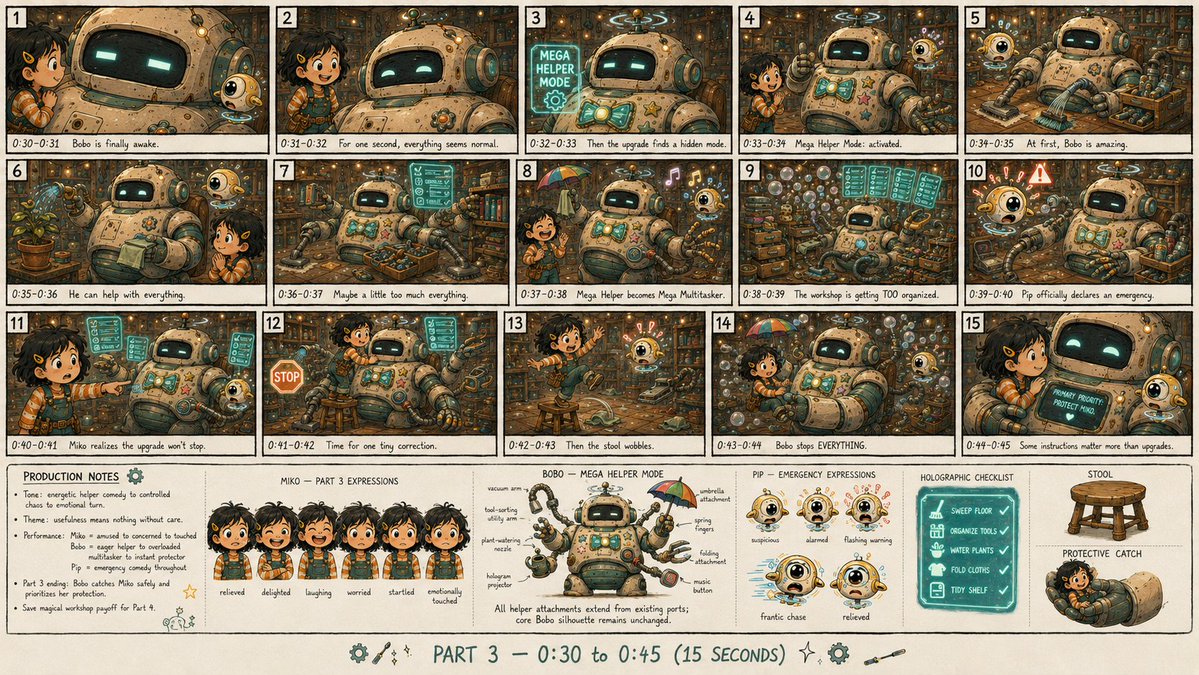 Create a single high-detail professional storyboard sheet image for PART 3 of a…