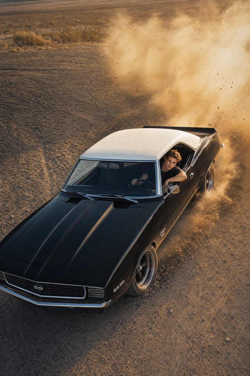 创作一张超高写实度的8K UHD RAW HDR汽车编辑大片：1969年第一代雪佛兰Camaro，亮黑色车身搭配洁净的白色车顶，在开阔的沙漠土…, 图片 3