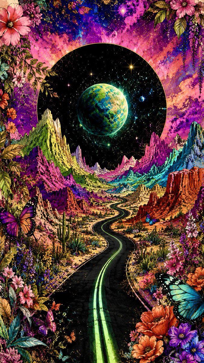 Romantic botanical cosmic fantasy illustration: a lonely black highway winds th…