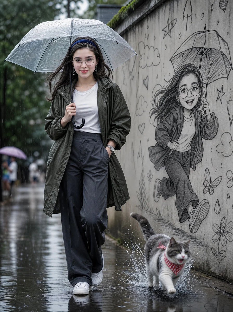 创作一幅电影级超写实的雨天街头人像:一位美丽的年轻女子在湿漉漉的街道上,撑着透明雨伞自信地行走。她身穿深橄榄绿色 oversized 雨衣,内…, 图片 1