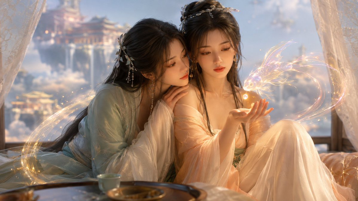 仙子、仙物、仙域 ☁️ 云上楼阁中的双姝与灵鱼 🐟, 图片 1