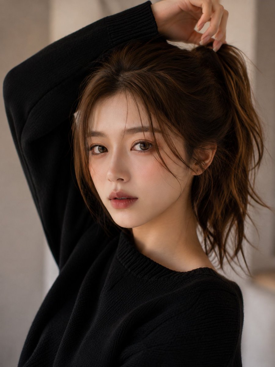 电影感的特写美人肖像,一位年轻女性,柔和的栗棕色头发扎成松散的马尾,几缕碎发轻拂着精致的脸庞,目光平静优雅地直视镜头。一只手臂高举过头,形成优…, 图片 1