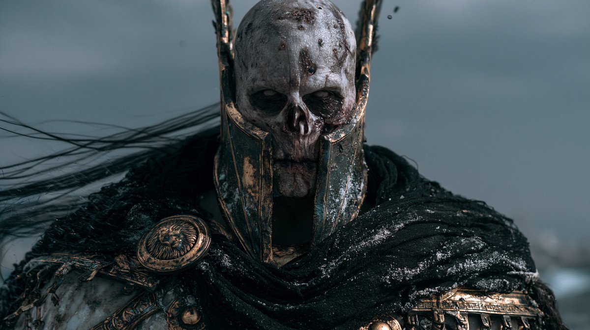 [Odysseus wearing a weathered bronze mask and a black sea-soaked cloak], epic m…