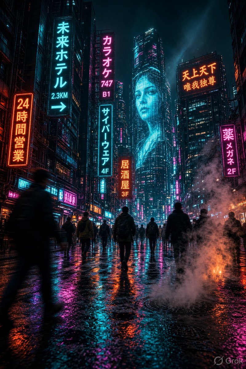夜晚的未来赛博朋克城市街道,竖向构图。霓虹招牌(包含清晰的日文文字)在高耸的摩天大楼上发光。湿润的人行道倒映着鲜艳的灯光与全息广告。浓重的蒸汽…, 图片 1