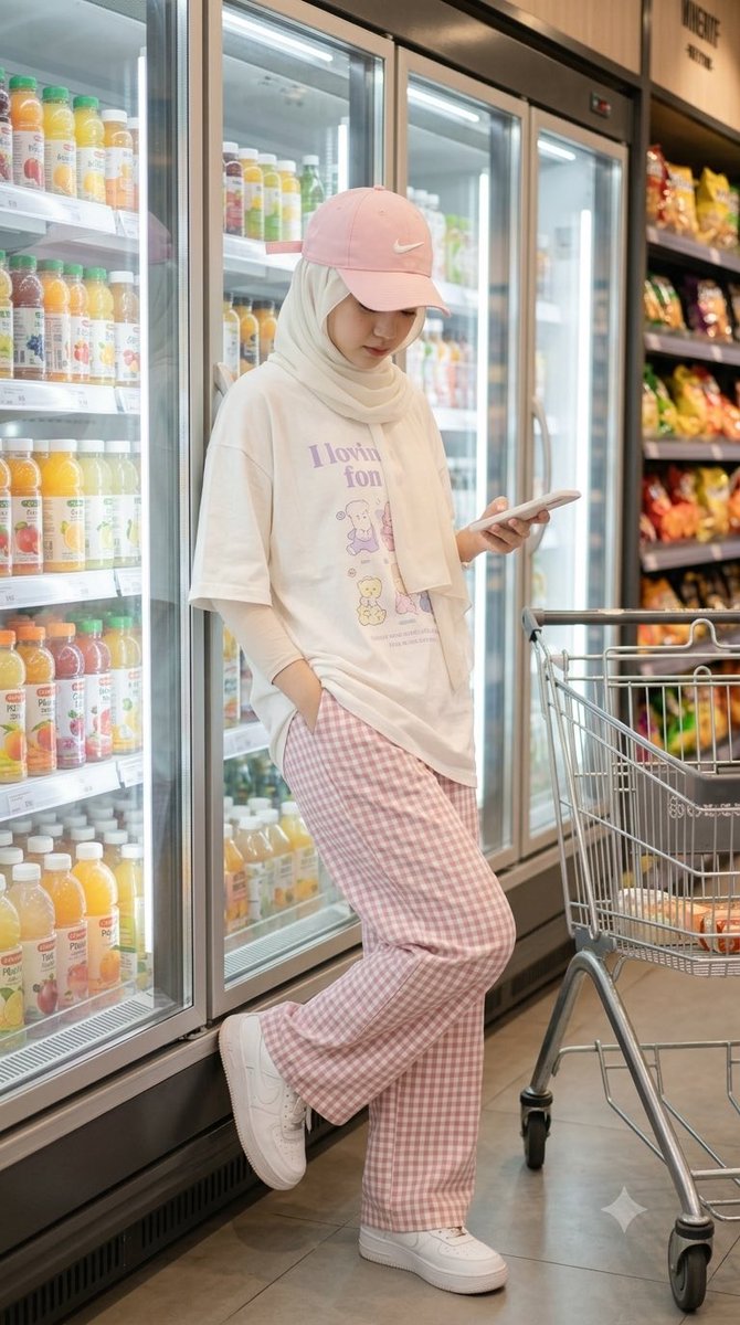 一位身材苗条、面容美丽的年轻女性戴着头巾（hijab），身处一家现代亚洲风格超市的饮料区。竖向 9:16 照片构图，全身入镜，随性生活摄影。相…, 图片 1