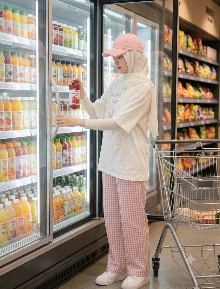 一位身材苗条、面容美丽的年轻女性戴着头巾（hijab），身处一家现代亚洲风格超市的饮料区。竖向 9:16 照片构图，全身入镜，随性生活摄影。相…, 图片 2