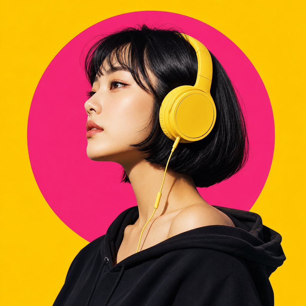 创作一幅超精细的现代波普艺术肖像:一位自信的东亚女性,以干净的左侧侧面呈现,微微仰视,神情平静而坚定。她留着利落的齐下巴短发波波头,带有柔和蓬…, 图片 1