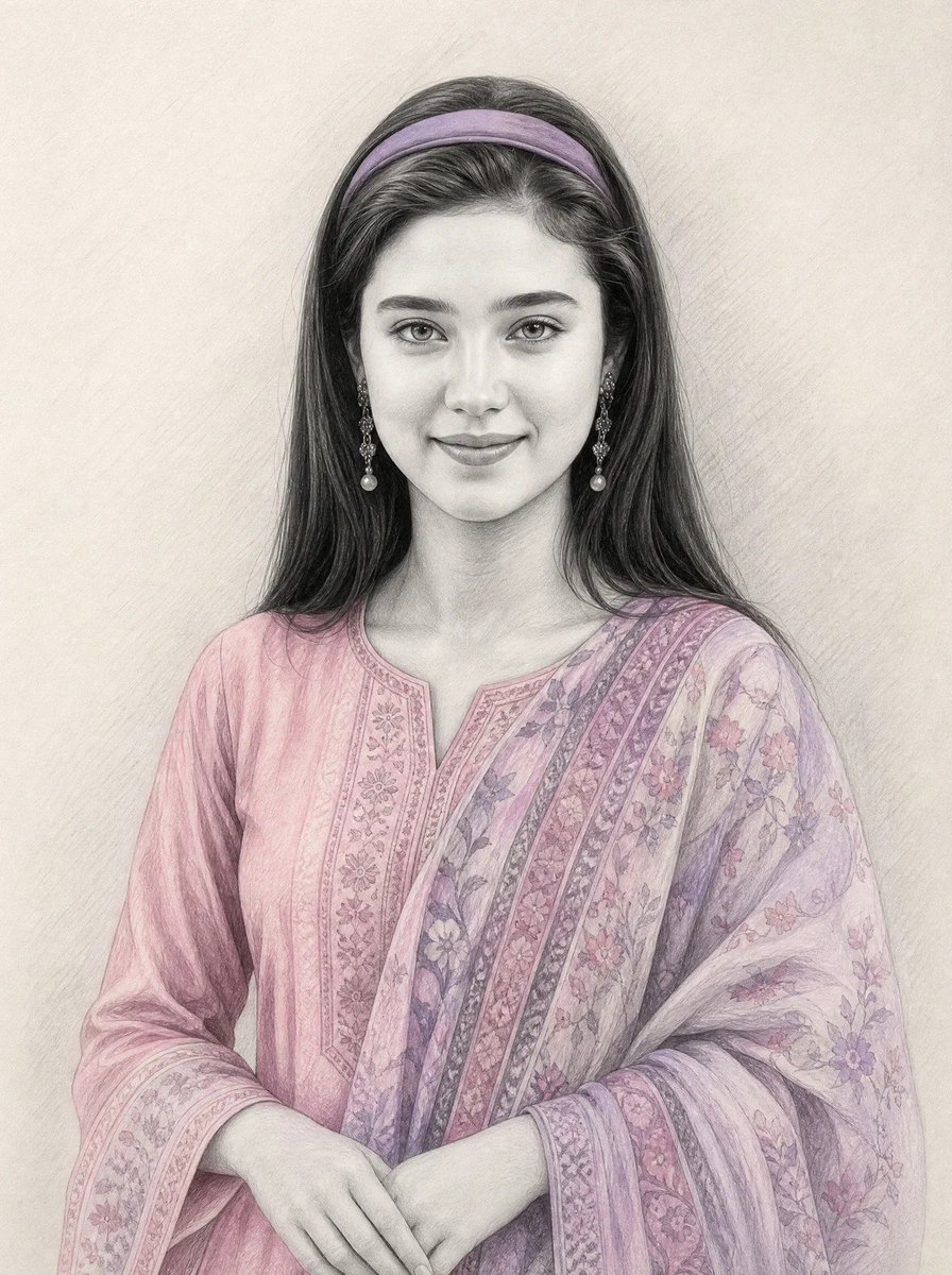 一幅超写实的柔和石墨铅笔素描插画，带有选择性着色，描绘了 image_0.png 中那位女性的相貌、面部特征、表情、年龄及黑色长发。主体为半身…, 图片 1