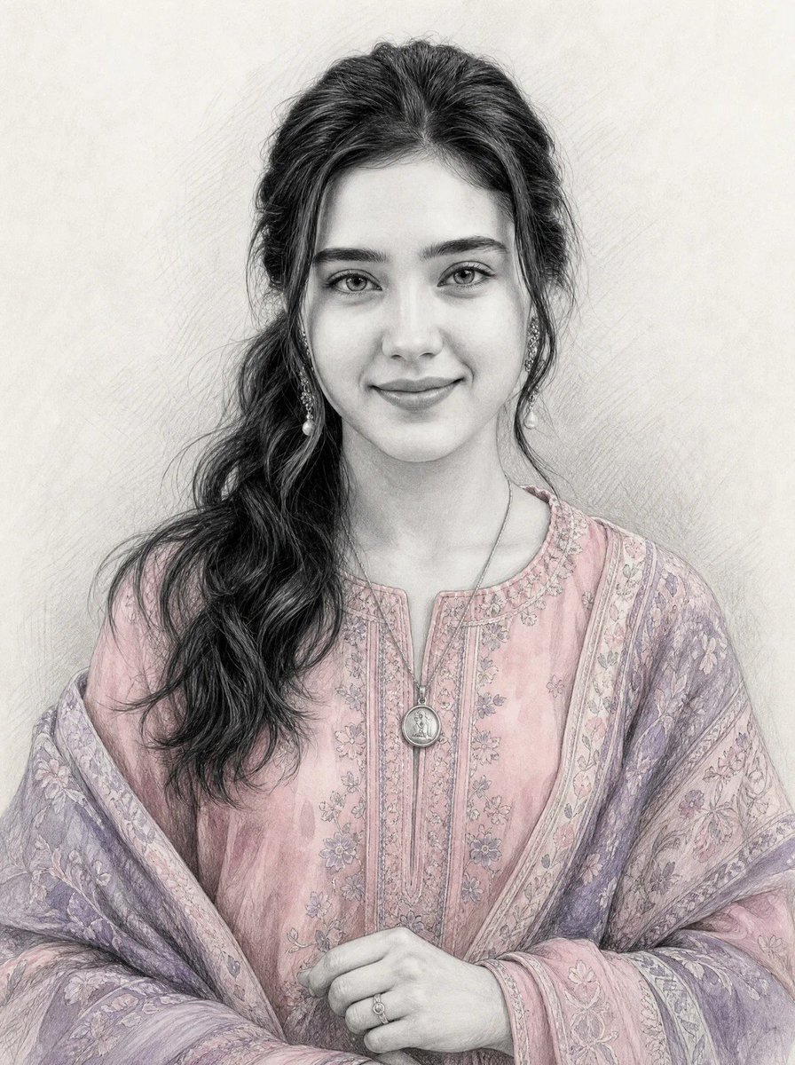 一幅超写实的柔和石墨铅笔素描插画，带有选择性着色，描绘了 image_0.png 中那位女性的相貌、面部特征、表情、年龄及黑色长发。主体为半身…, 图片 2