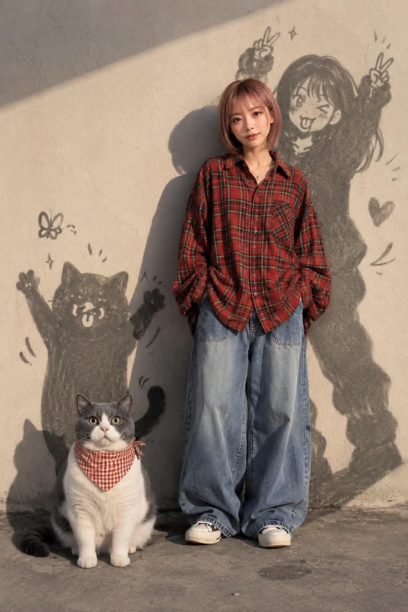 创作一幅温馨、电影感、动漫灵感的生活方式人像，描绘一位有着短款粉彩色粉红波波头可爱年轻女性。她身穿一件宽松复古红色格纹法兰绒衬衫、宽松蓝色牛仔…, 图片 1