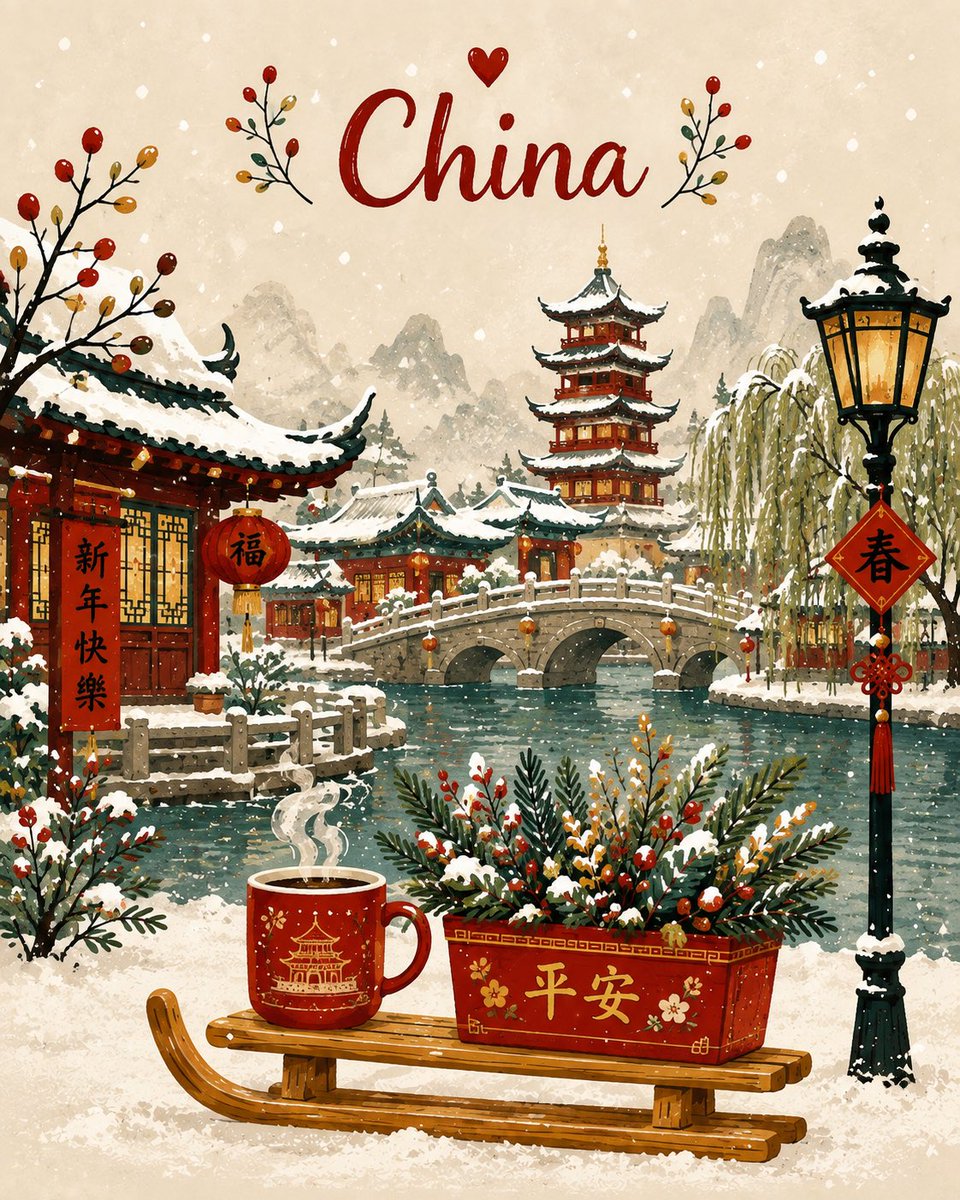 创作一幅迷人的竖版冬季故事书插画，采用温馨的手绘水彩风格，带有奇趣的民间艺术气息。描绘一组色彩斑斓、狭窄的欧式小屋，屋顶覆盖着厚厚的蓬松积雪，…, 图片 3