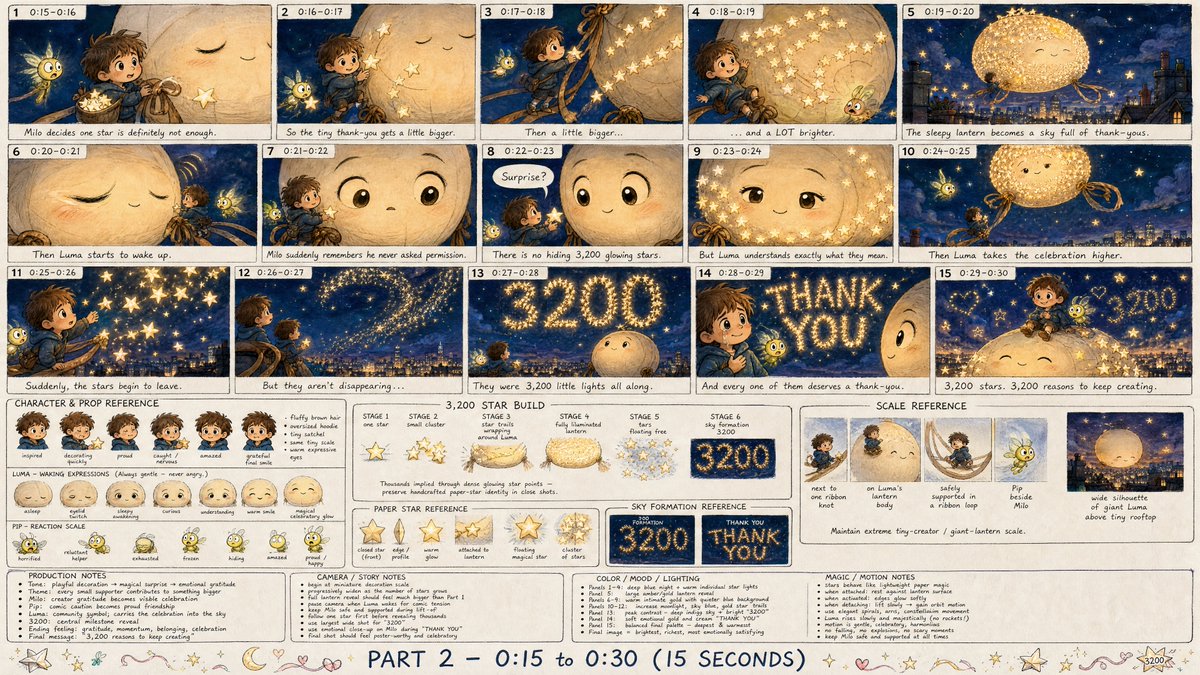 为一部原创二维动画短片《小创作者与3200颗纸星星》的第二部分(PART 2)创建一张高细节、专业级的动画分镜表图像。该分镜表覆盖最后15秒(…, 图片 1