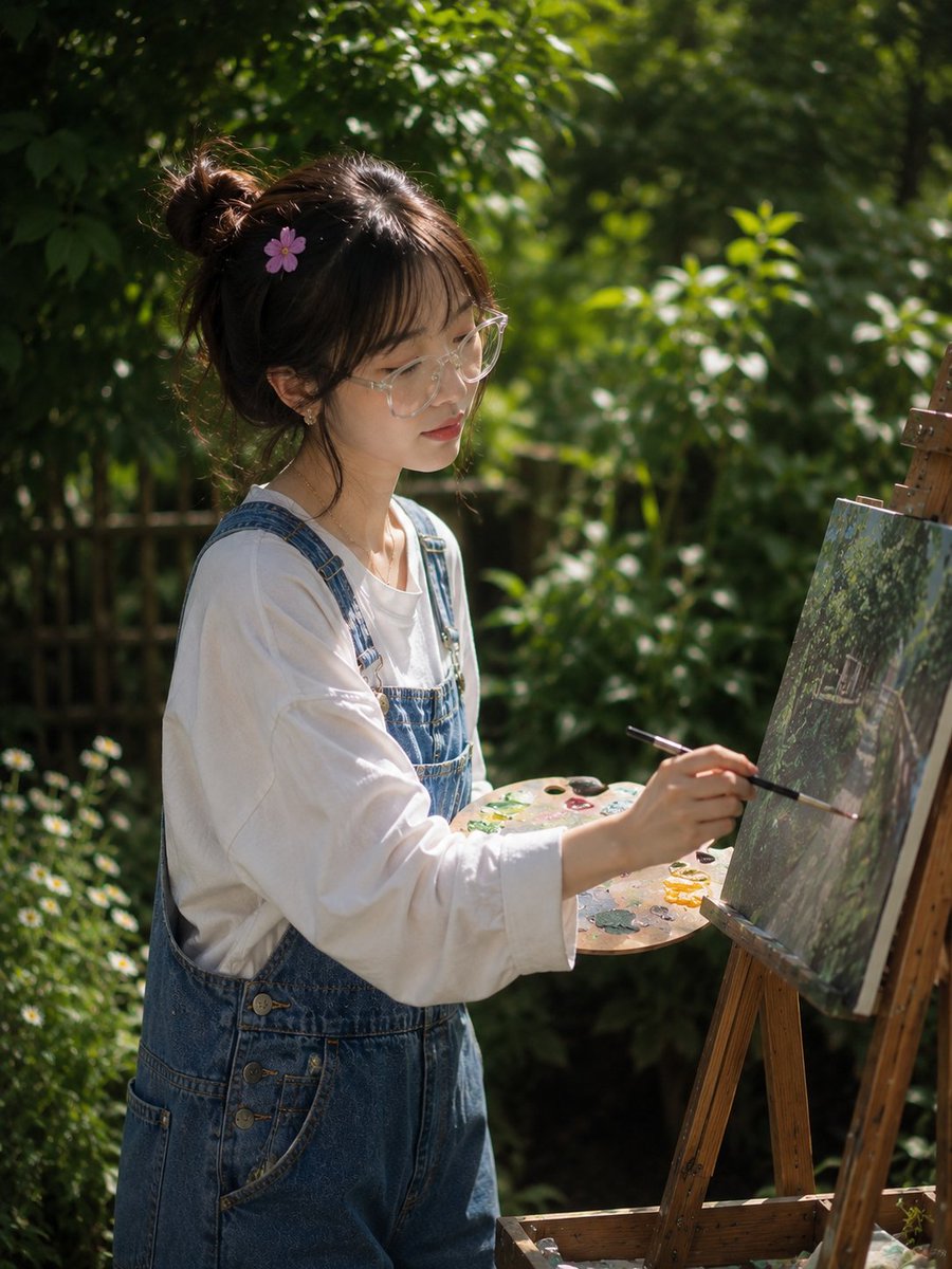 一幅梦幻般的户外人像照:一位年轻女子在郁郁葱葱的花园中画画,站在一个木质画架旁。她有一头齐肩的深棕色头发,带着柔和的刘海,用一个小小的柔和色彩…, 图片 2