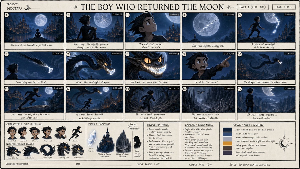 创作一张高细节的专业动画分镜单页,采用干净的 16:9 宽屏横版格式,用于一部原创黑暗奇幻 2D 动画短片,片名为:“The Boy Who …, 图片 1