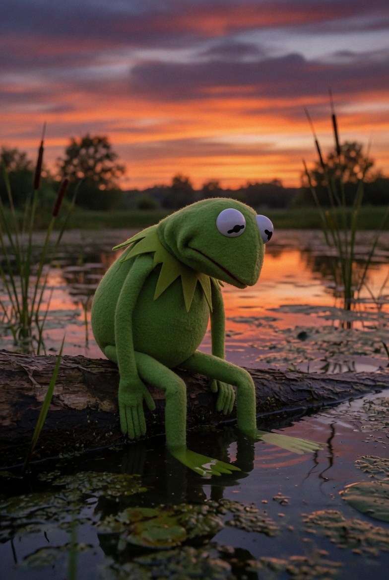 一张非常悲伤的青蛙柯密特(kermit the frog)的照片,他坐在池塘里的一根原木上,低垂着头,悲伤、沮丧、闷闷不乐、陷入绝望,日落时分, 图片 1