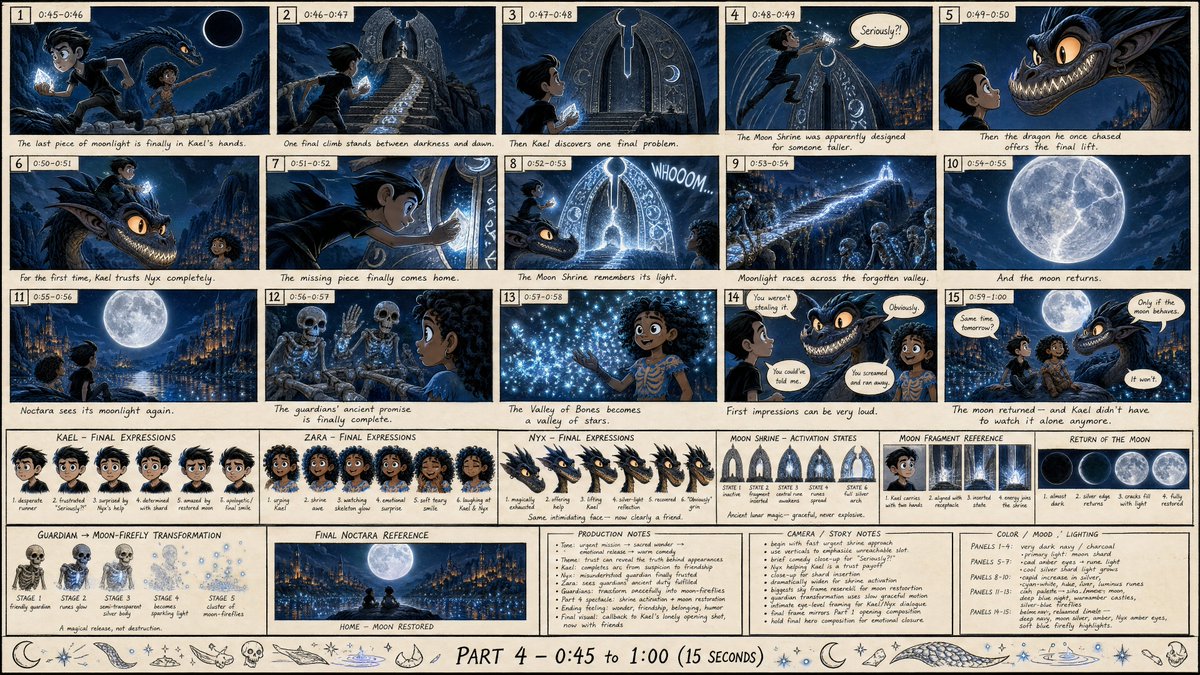 为这部原创奇幻黑暗风格 2D 动画短片《**归还月亮的小男孩**(THE BOY WHO RETURNED THE MOON)》制作一张高细节…, 图片 1