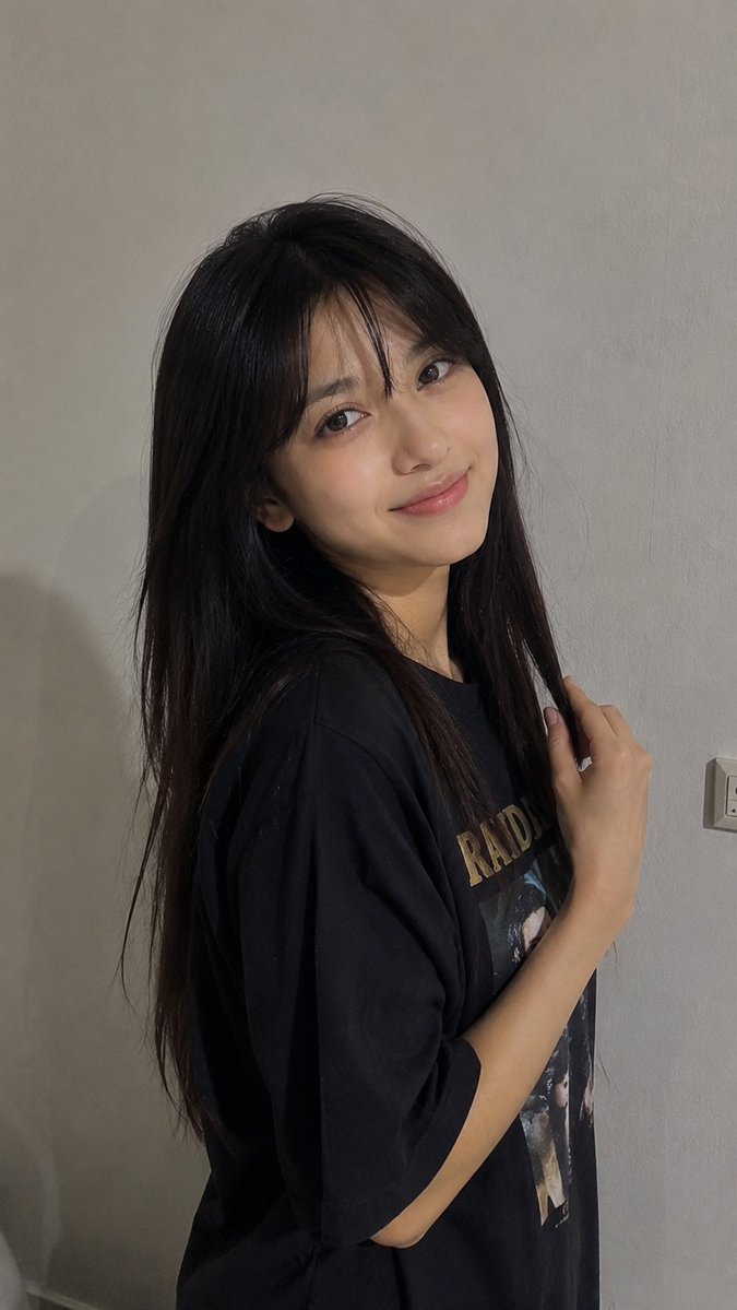 一张超写实的随性智能手机照片,画面中一位年轻女性站在室内的浅灰色简约墙壁前。她留着长而直的深棕色至黑色头发,自然中分,蓬松地垂落在肩膀和背部。…, 图片 1