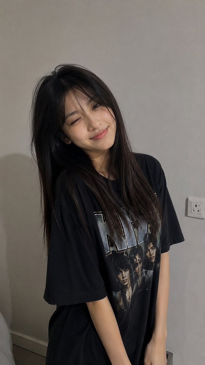一张超写实的随性智能手机照片,画面中一位年轻女性站在室内的浅灰色简约墙壁前。她留着长而直的深棕色至黑色头发,自然中分,蓬松地垂落在肩膀和背部。…, 图片 2
