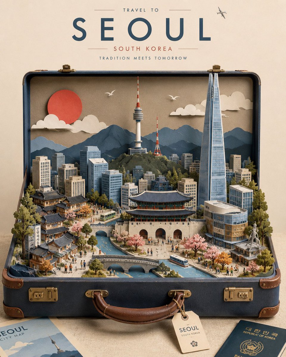 为 [CITY, COUNTRY] 创作一张高级感的 4:5 竖版旅行海报，画面设计为一座高度精致的迷你 3D 剪纸城市，从一个打开的复古旅行…, 图片 1