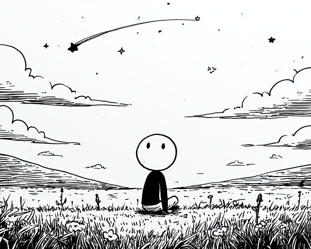 一个圆头角色坐在无尽空旷草地上的一把简易木长椅上,一道分离的黑色影子坐在角色旁边并朝向相反方向,两个身影都沉默静止,远处有一棵被风吹弯的树,一…, 图片 1