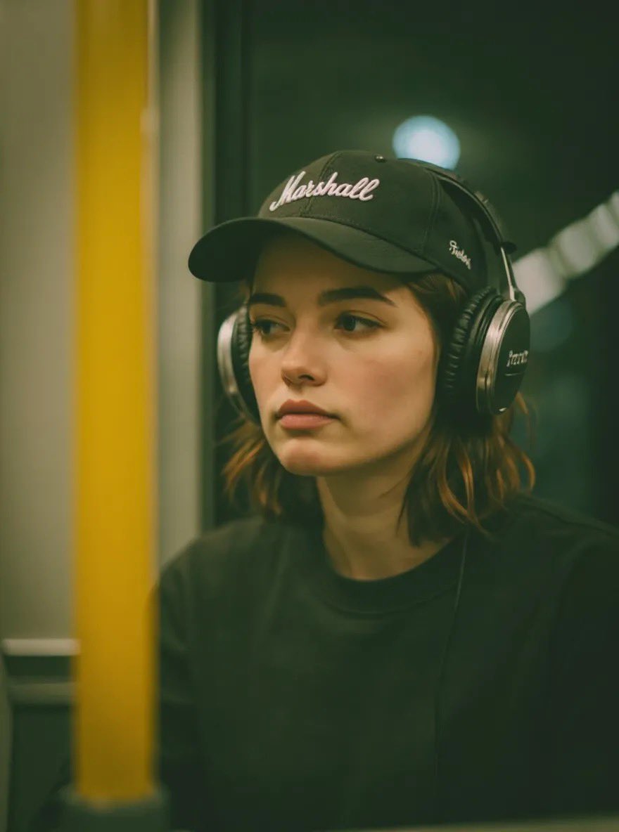 照片级真实感的电影感人像摄影,一位年轻女性坐在录音棚或广播播音室内,佩戴着专业的大尺寸头戴式耳机,身穿深色宽松卫衣。自然的中长棕色头发,带有柔…, 图片 2