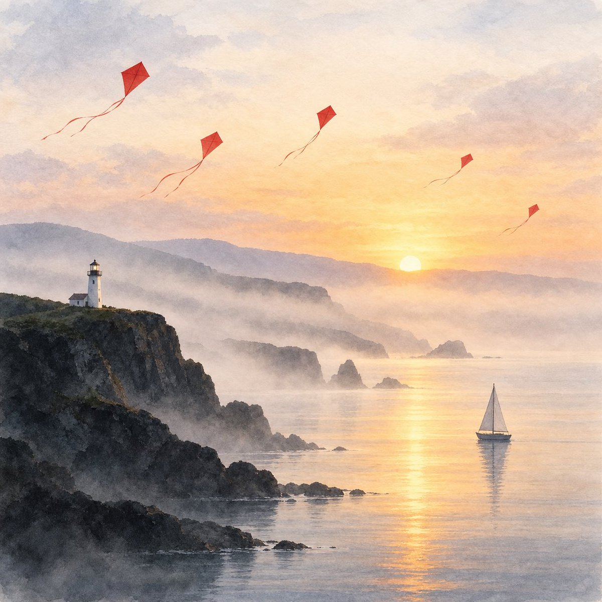 创作一幅方形的极简水彩日出风景画:天空中有恰好五只红色风筝,一座小白矗立于黑色悬崖之上,一艘帆船静静泊于平静水面,整体笼罩在柔和的薄雾之中,无…, 图片 1