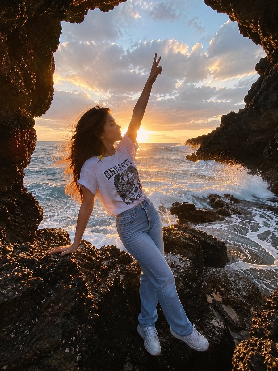 一幅电影感十足的海边人像照:一位年轻女子站在天然海洞内的黑色火山岩上,洞口粗犷的岩石形成天然画框。她一头深色长发在海风中戏剧性地飘扬,对着镜头…, 图片 1