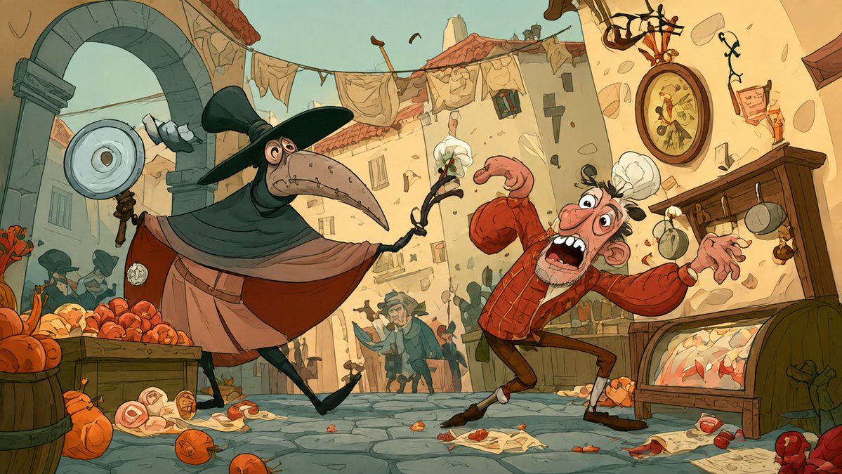 No music, only sfx 30-SECOND FIGHT — PLAGUE DOCTOR vs. SICK VILLAGER Tone: exag…