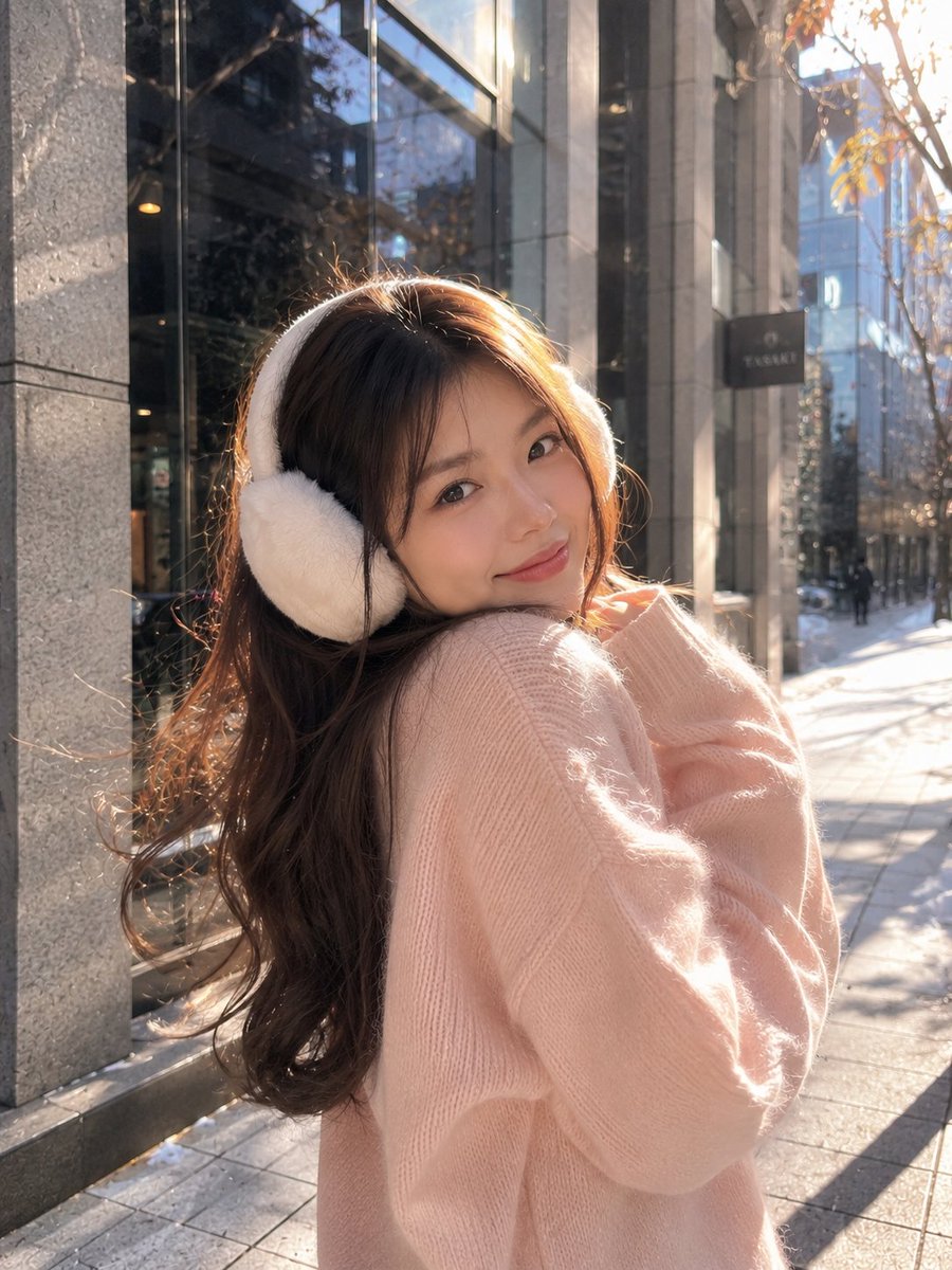 一幅温馨的冬季街头人像照，画面中一位年轻女子站在现代都市的户外环境中，身穿一件柔软的 oversize 腮红粉针织毛衣，头戴蓬松的白色耳罩。她…, 图片 2