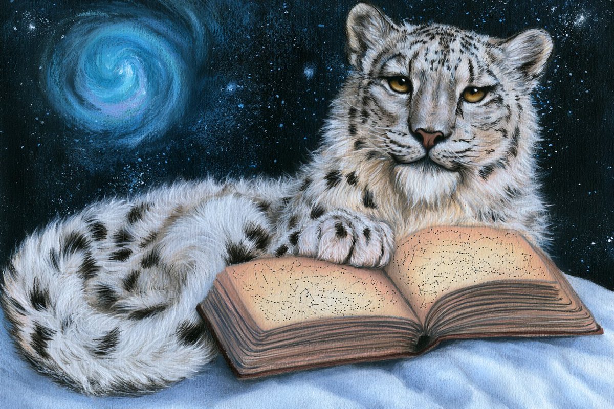 snow leopard reading a book of constellations on a Himalayan peak at midnight, …