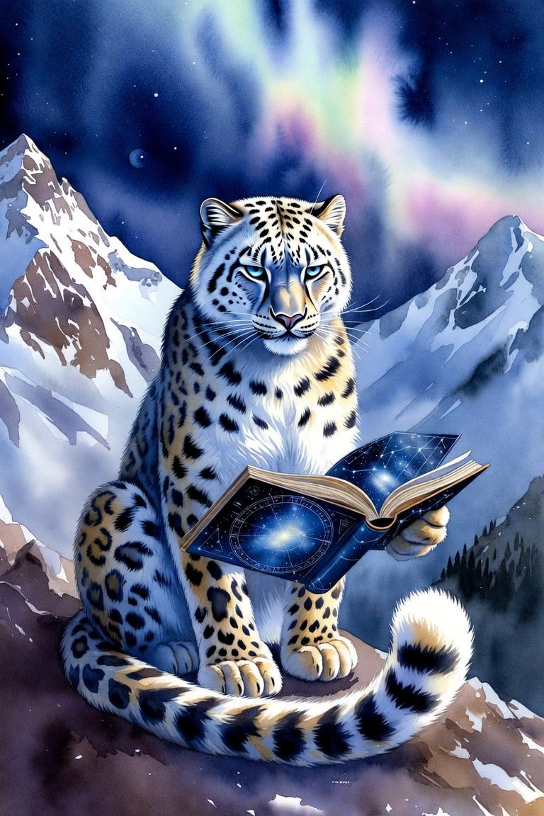 午夜时分，喜马拉雅山峰上，一只雪豹正在阅读一本星座之书，魔幻现实主义风格，柔和粉彩水彩绘制于带有纹理的纸张之上，意境梦幻 --ar 3:2, 图片 3