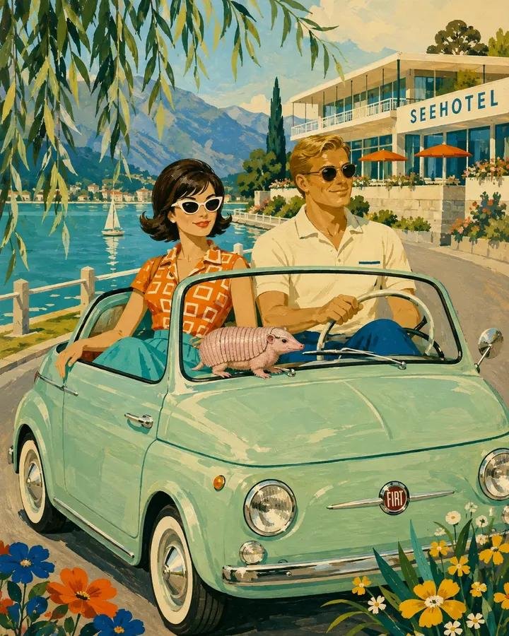 世纪中叶旅行广告插画，画面中有[HUMANS]骑着[VEHICLE]，并有[ANIMAL]相伴。为他们穿上使用[PALETTE]配色的[CLO…, 图片 3