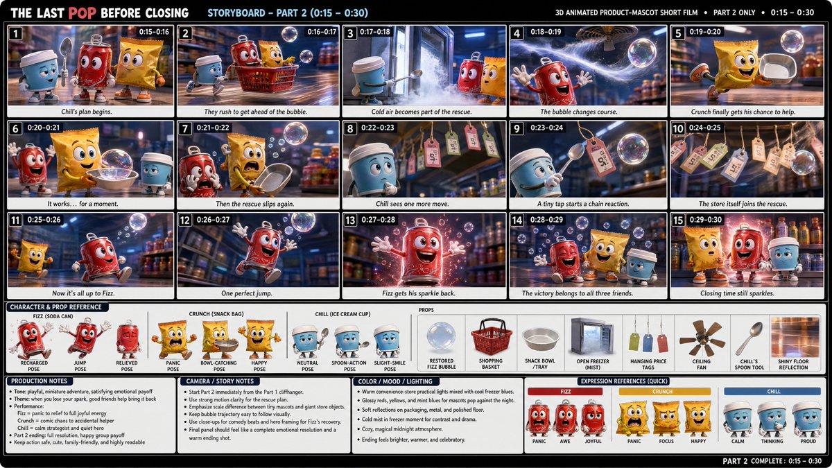 为一部30秒的3D动画产品吉祥物短片创建一张完整专业的故事板分镜图,仅展示故事的第2部分(0:15到0:30)。, 图片 1