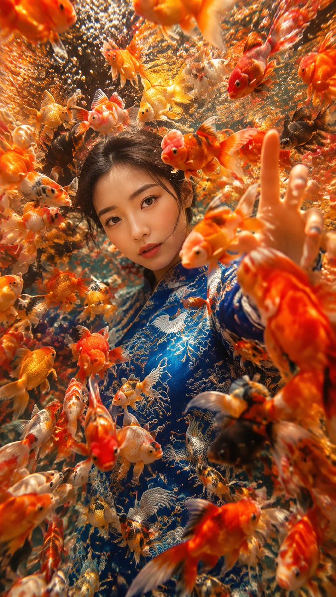 A cinematic, ultra-realistic underwater photograph focused on a dense, swirling…