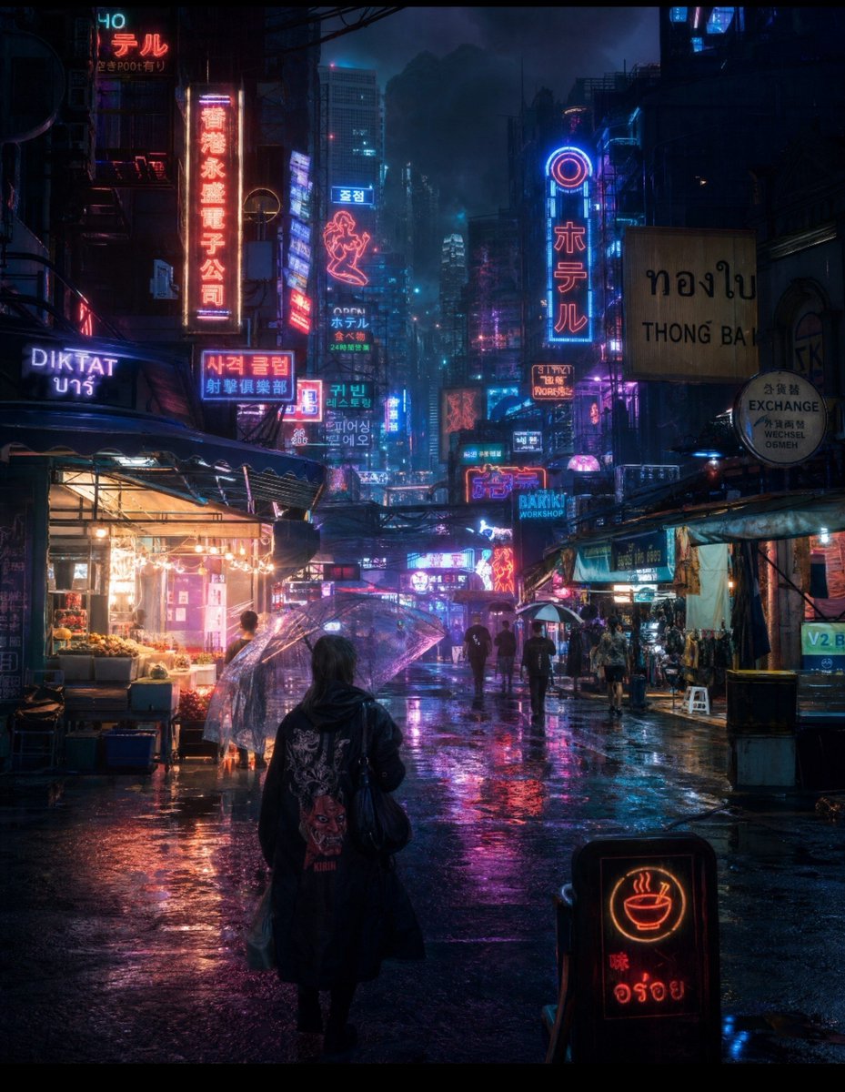 超电影感的赛博朋克夜市,位于密集的未来主义亚洲巨型都市中,大雨滂沱,从街道视角观看。一个孤独神秘的、身披黑色长款连帽风衣的人物背对镜头,在一条…, 图片 1