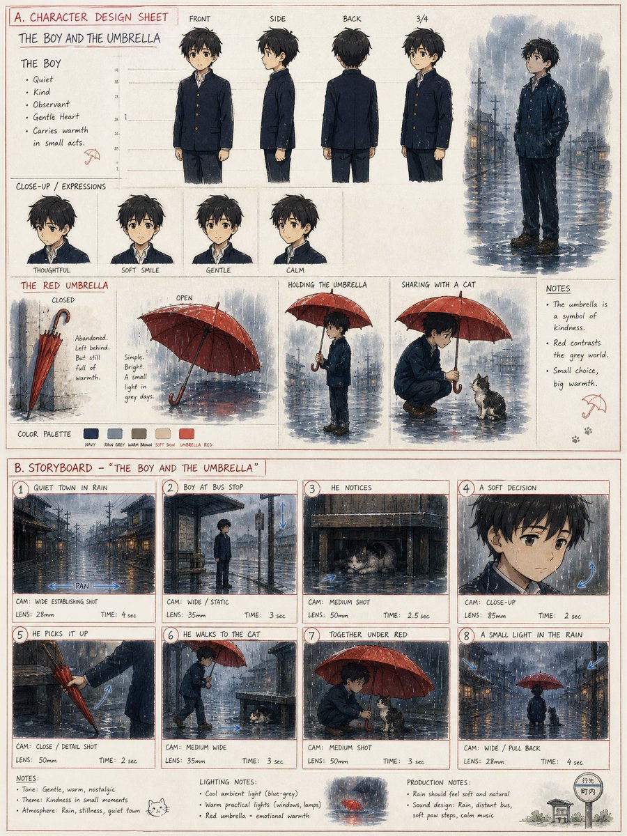 GPT image 2 故事板提示词 — 为一部名为《男孩与伞》(The Boy and the Umbrella) 的原创情感短片创建一张竖…, 图片 1