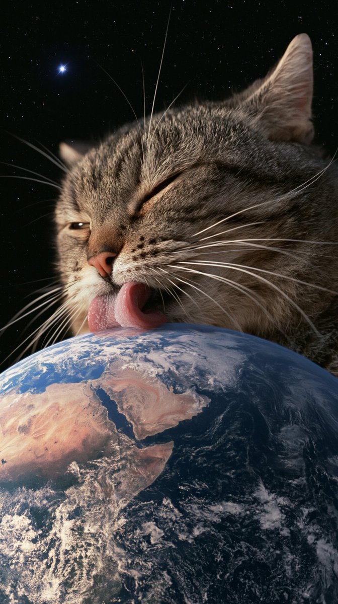 A giant domestic tabby cat in outer space, its enormous face looming behind pla…