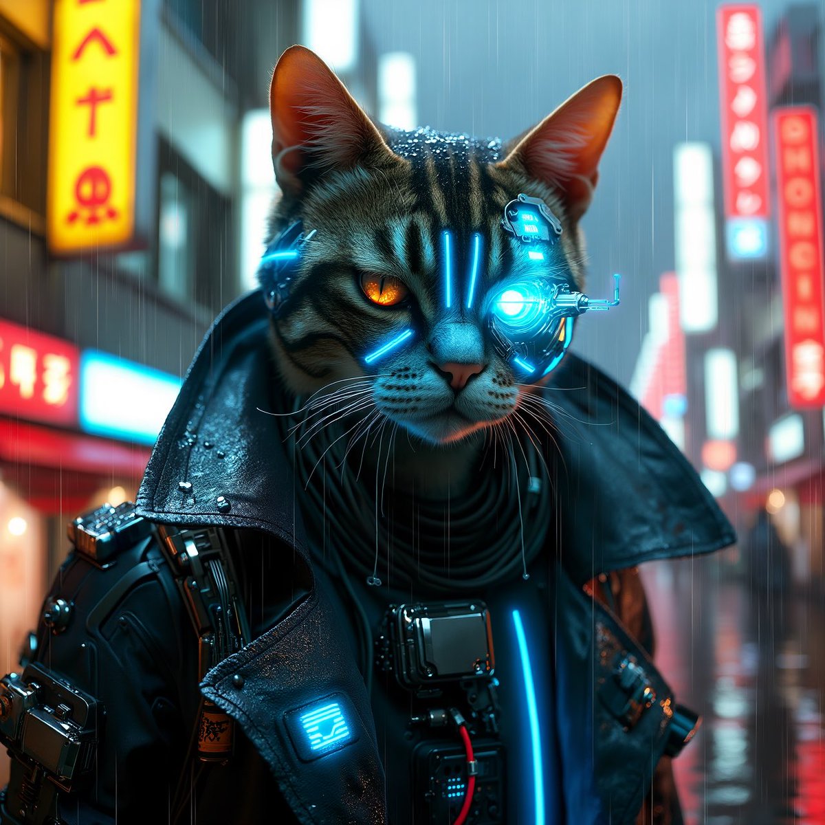 一张赛博朋克风格猫咪的照片级写实特写 (cyberpunk cat:1.3),具有 (自然逼真的猫科面部结构与比例:1.35),(非人形:1.…, 图片 1