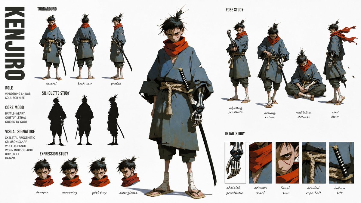 创建一个高级、现代的高级时装角色概念设定表(CHARACTER CONCEPT ART SHEET),采用 16:9 宽屏布局,纯白背景。, 图片 1