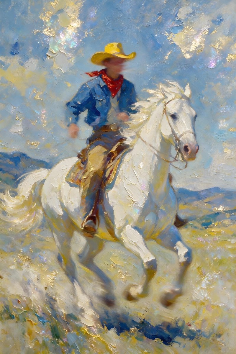 一幅画意十足、印象派风格的画面,描绘了一位骑在马背上的牛仔。这位牛仔头戴黄色帽子,围着红色围巾,身穿蓝色夹克。他的脸因运动模糊而难以辨认。马是…, 图片 1