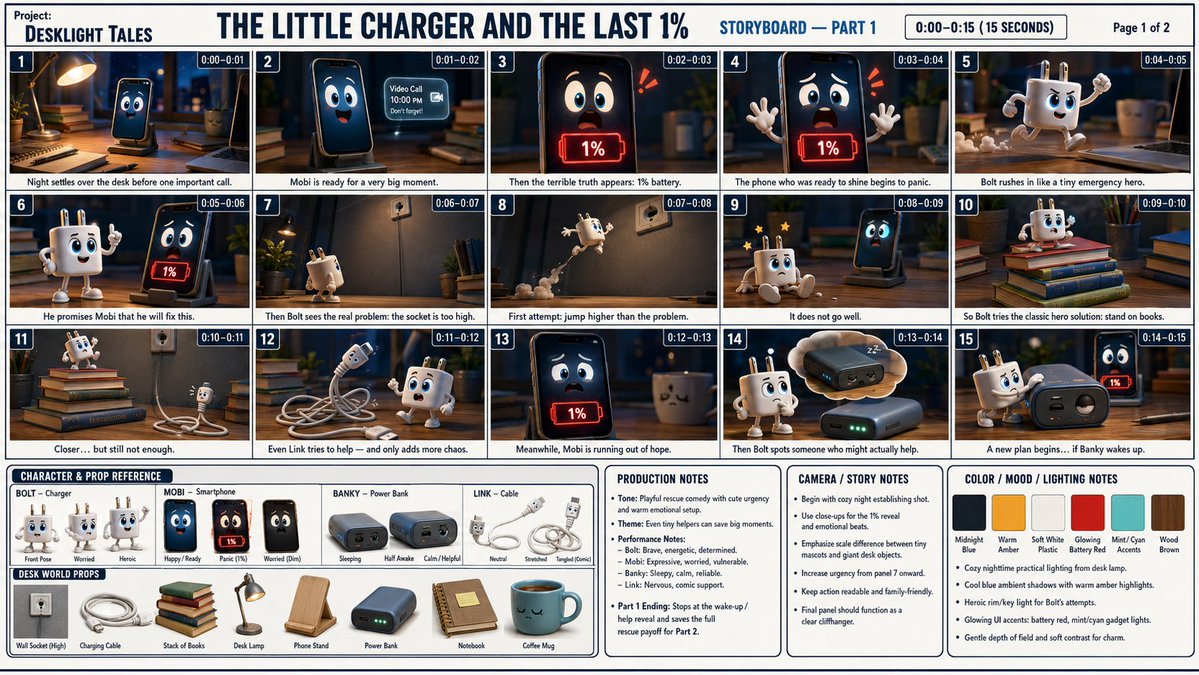 为一部30秒的3D动画短片《The Little Charger and the Last 1%》(小充电器与最后的1%)——故事板第一部分—…, 图片 1