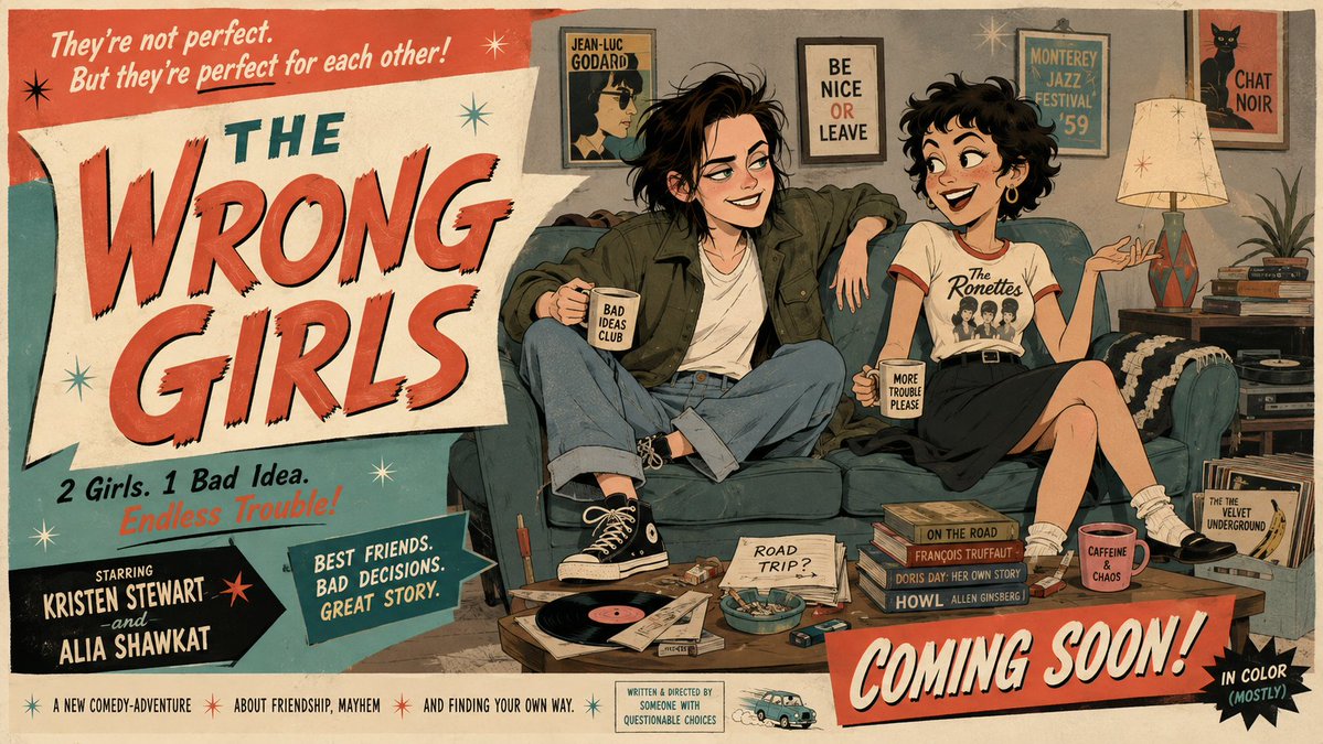 中世纪戏剧化卡通静帧风格的好莱坞电影预告横幅,为《The Wrong Girls》宣传,画面包含一幅夸张肖像画:克里斯汀·斯图尔特饰演自由奔放…, 图片 1