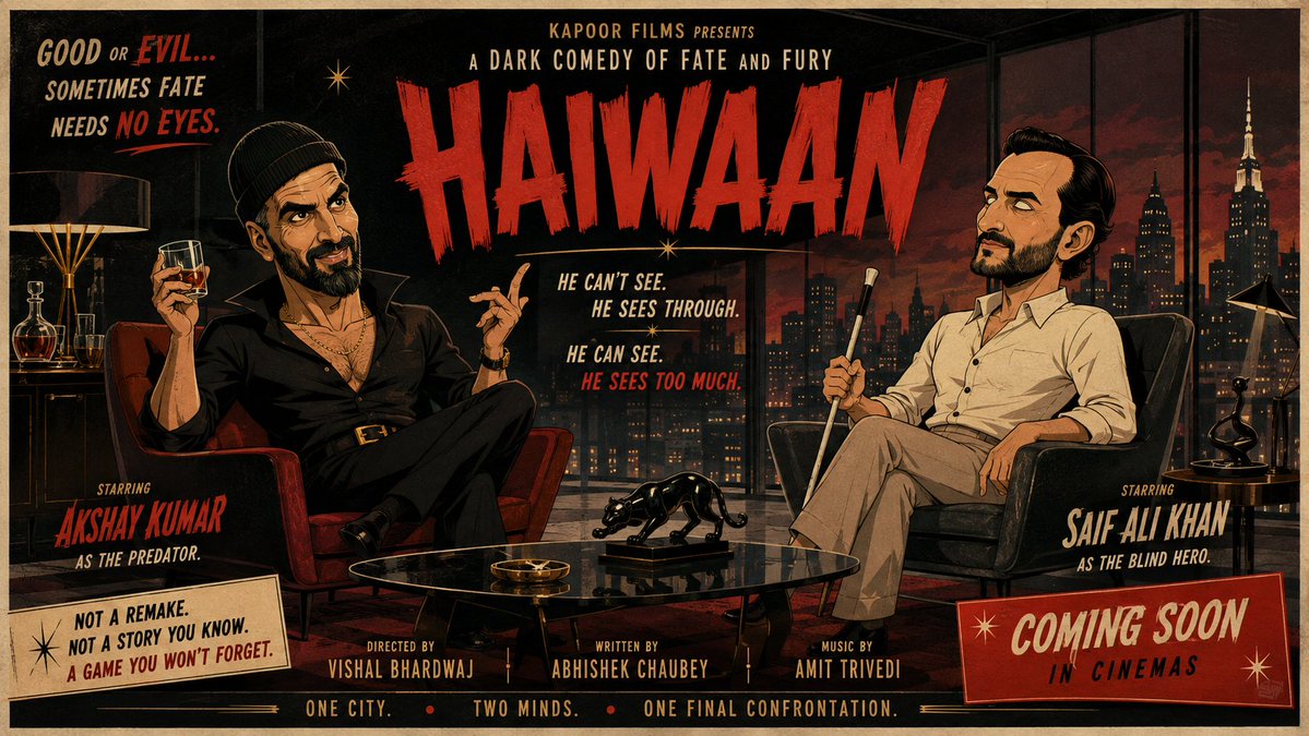 世纪中叶戏剧化卡通静帧宣传好莱坞电影先导预告横幅，《Haiwaan》（野兽），以夸张漫画形象刻画 Akshay Kumar 饰演的纯粹邪恶反派…, 图片 1