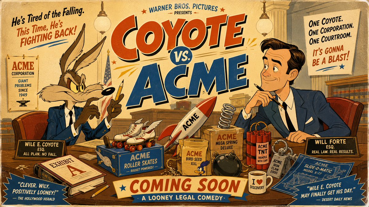 世纪中叶剧院动画静帧好莱坞电影预告横幅，用于《Coyote vs. ACME》（土狼大战ACME公司），以经典 Wile e. Coyote（…, 图片 1